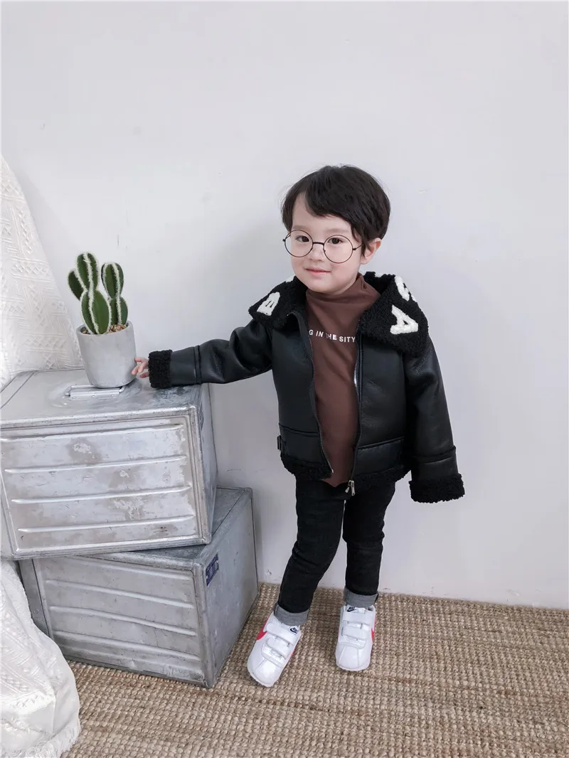 

Children plus Velvet Leather Coat Autumn And Winter 2019 New Style Korean-style Baby Thick Large Lapel BOY'S Leather Jacket Fash