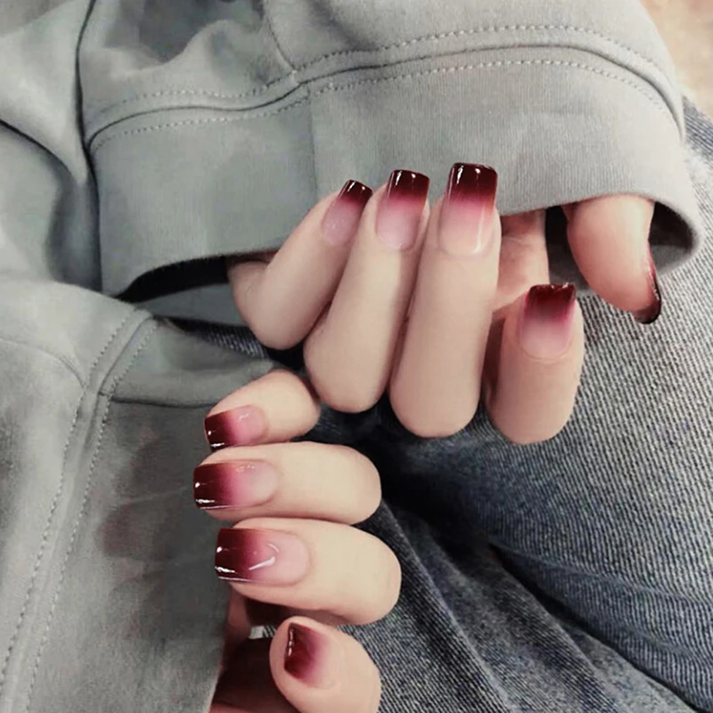 Uñas postizas largas con pegamento, uñas postizas largas de Color vino  tinto degradado, 24 Uds.|Uñas postizas| - AliExpress