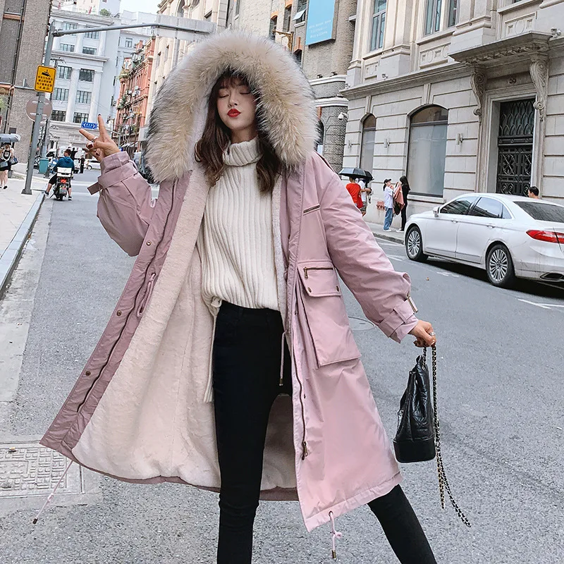 

of the Korean Version of Women's Medium and Long-style Female Down and Cotton Garments with Big Hair Collar and Hat