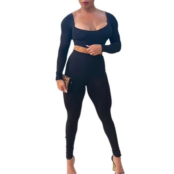 

2Pcs Women Autumn Outfits Solid-Color Square-Collar Long-Sleeves Crop Top + High-Waist Tight Pants for Ladies