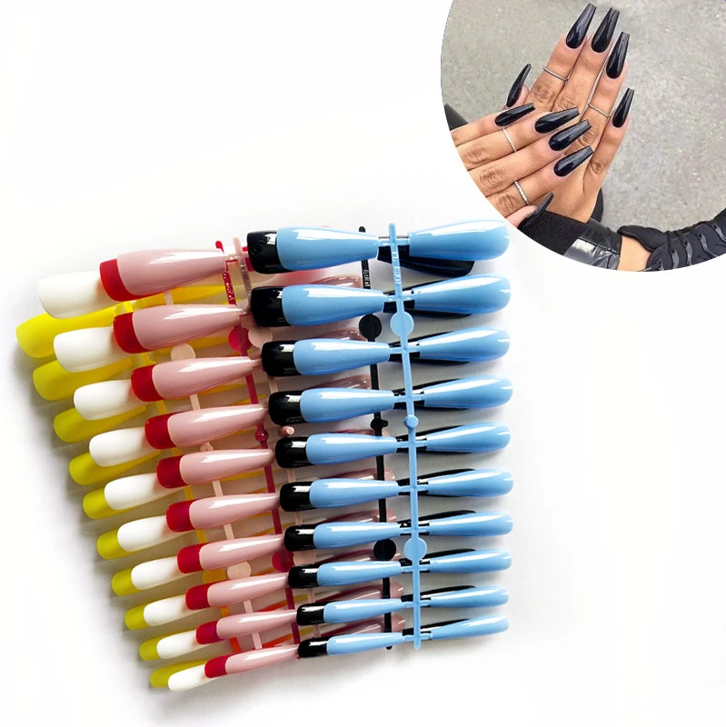 

24Pcs Striped False Nails Long French Ballerina Coffin Press On Fake Fingernails Full Cover Nail Art Tips Artificial Nails