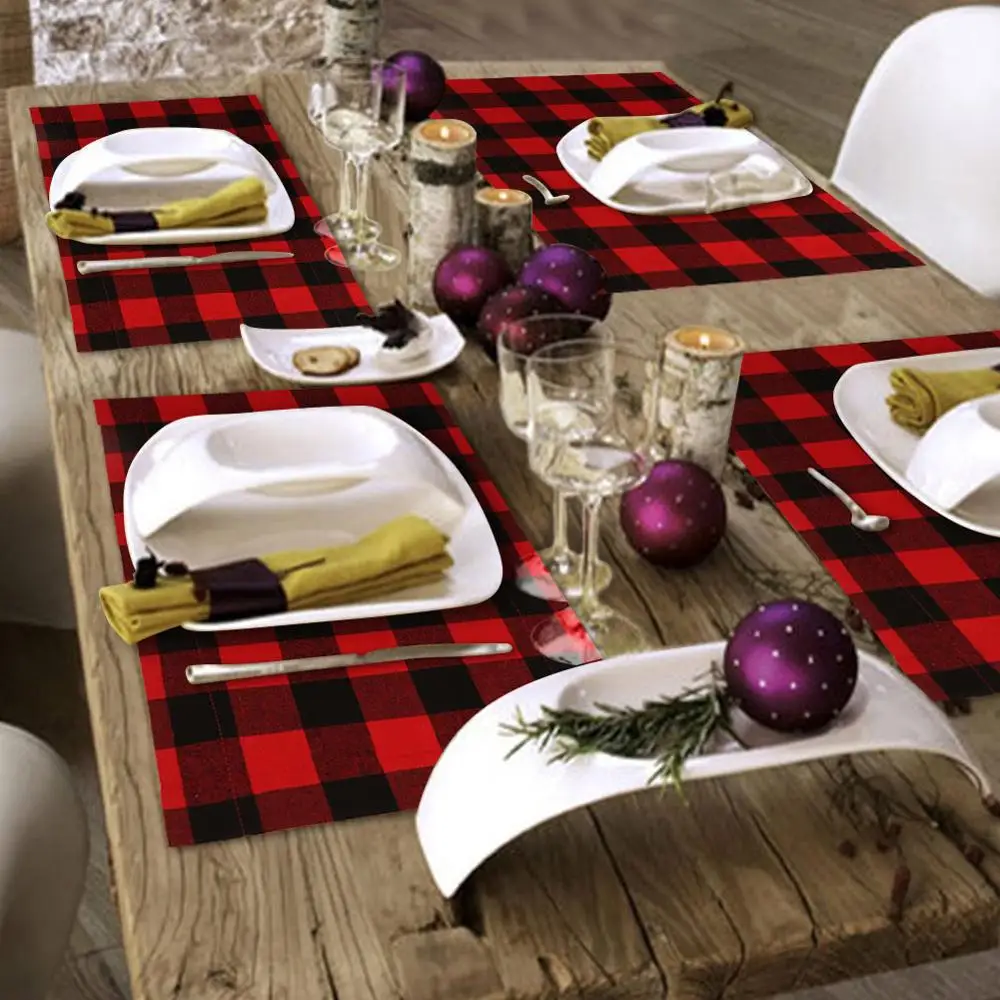 クリスマスバッファローチェック柄黄麻布テーブルランナーテーブルマットランチョンマットクリスマステーブル デコレーションランバージャックをテーマにした誕生日パーティーの装飾|テーブルランナー| - AliExpress