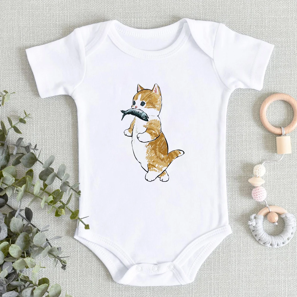 

Comfortable Soft Pop Baby Girl Boy Clothes Cute Cat Biting fish Printing Pretty Toddler Bodysuit Ropa Debe Infant Jumpsuits