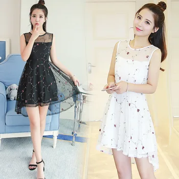 

Photo Shoot Dress Summer New Style 2018 Elegant Sleeveless Crew Neck Gauze Floral-Print Mid-length Hipster Slimming