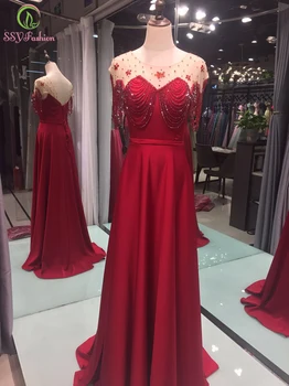 

SSYFashion New High-end Evening Dress Bride Married Wine Red Tassel Crystal Beading Long Prom Formal Gowns Vestidos De Noche