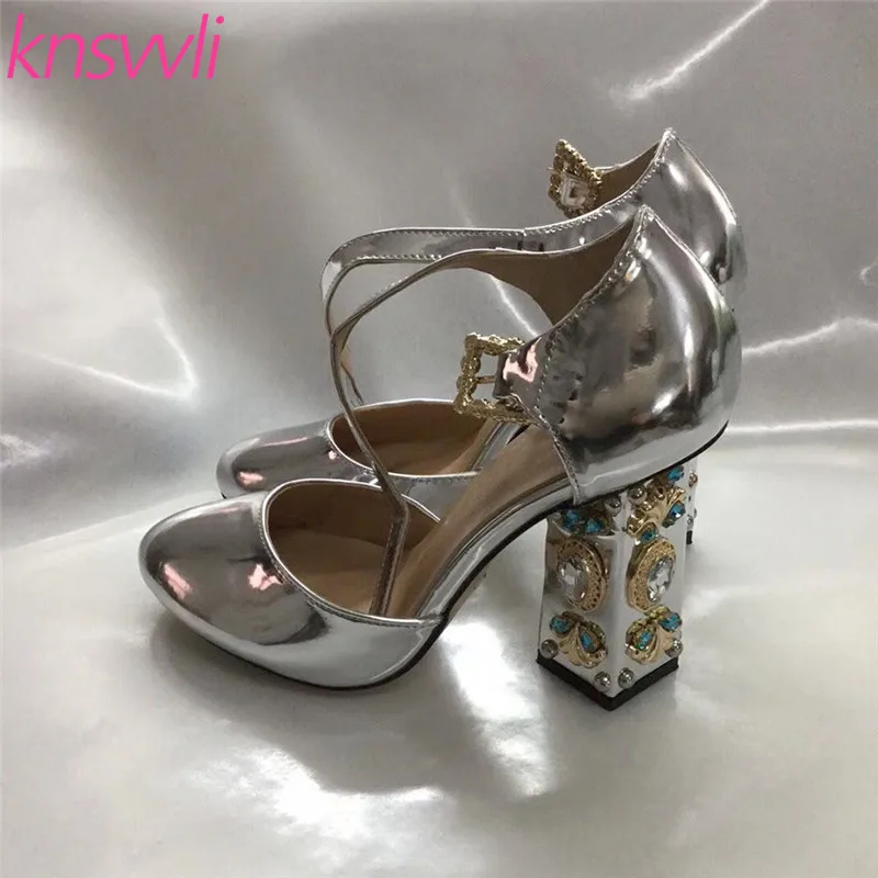 

Knsvvli Crystal Chunky heels Sandals Ladies Jeweled high heels Pumps buckle Gold silver mirror Party Shoes Women zapatos mujer