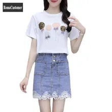 

High Street Two-Piece Suit Summer Womens New Casual Fashion Short Sleeve Pullover T-Shirts Elegant Denim Skirt Female Sets