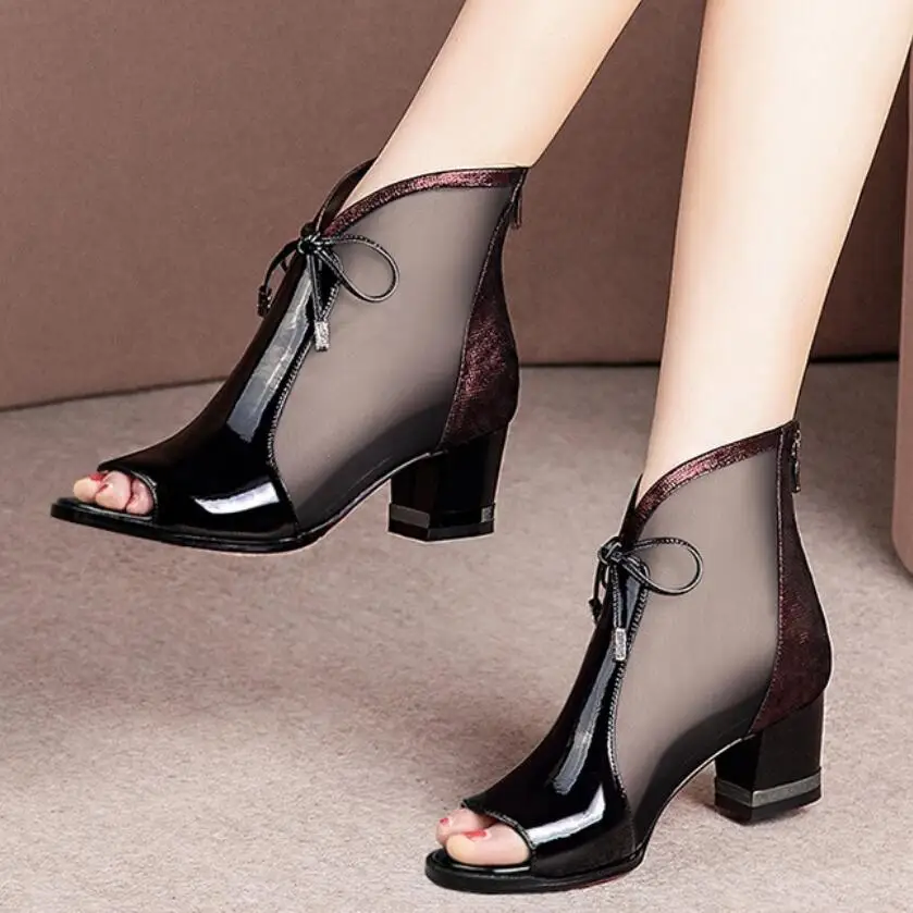 

2019 Fashion Mesh Peep toes Women Sandals Boots Thick Heel High Heeled Summer Shoes Black