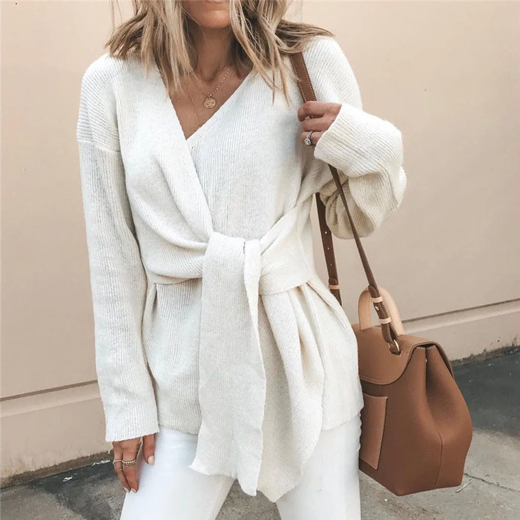

Sweater Women Autumn Winter Ladies Solid Long Sleeve V-Neck Bandage Tie Sweater Fall Womens Oversized Pullover Suter De Mujer