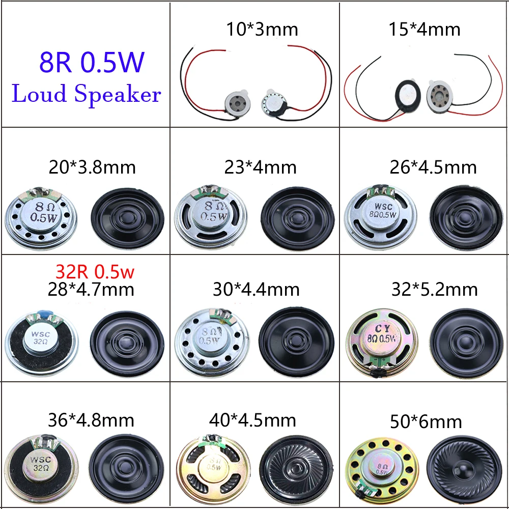 

1 Uds bocina de 8 ohm, 0,5 W, 8R, 0,5 W, 10mm, 15mm, 20mm, 23mm, 26mm, 30mm, 32mm, 40mm, 50mm, piezas de repuesto para altav