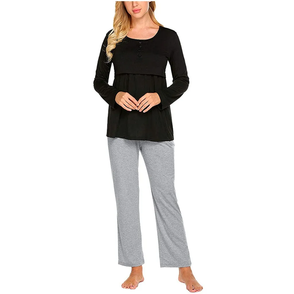 Комплект из 2 предметов; платье для беременных; костюм из двух предметов для женщин; футболка с длинными рукавами для кормящих детей; топ+ штаны; пижамный комплект; костюм;#1024 - Цвет: BK