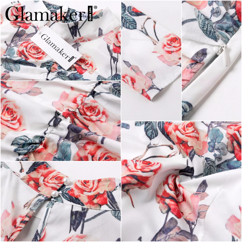 Glamaker, винтажная блузка с цветочным принтом розы, Сексуальная рубашка, жемчужные вечерние блузки с длинными рукавами, женская блузка, топ со стоячим воротником, плиссированный укороченный топ