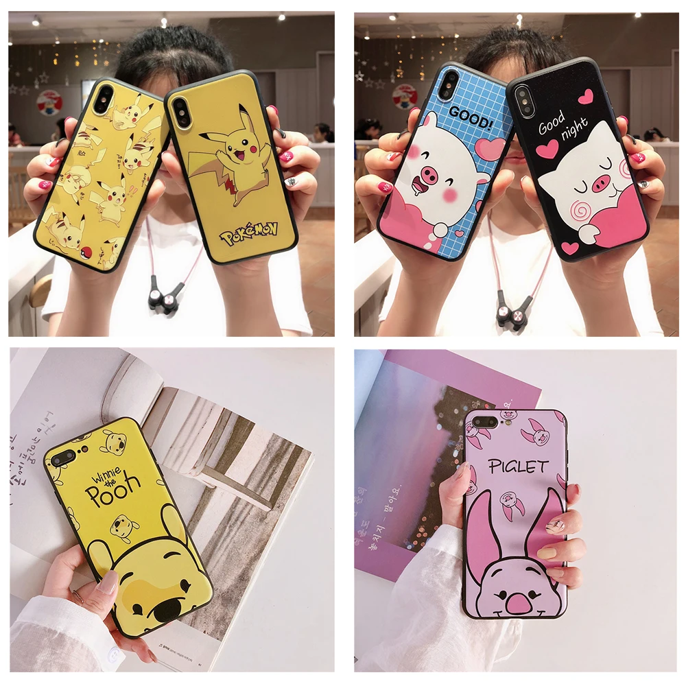 

3D Relief Winnie Pooh Piglet Pikachu Cartoon Soft Case For iPhone 6 6S 7 8 X XS Max XR Silicone TPU Cover Phone Case