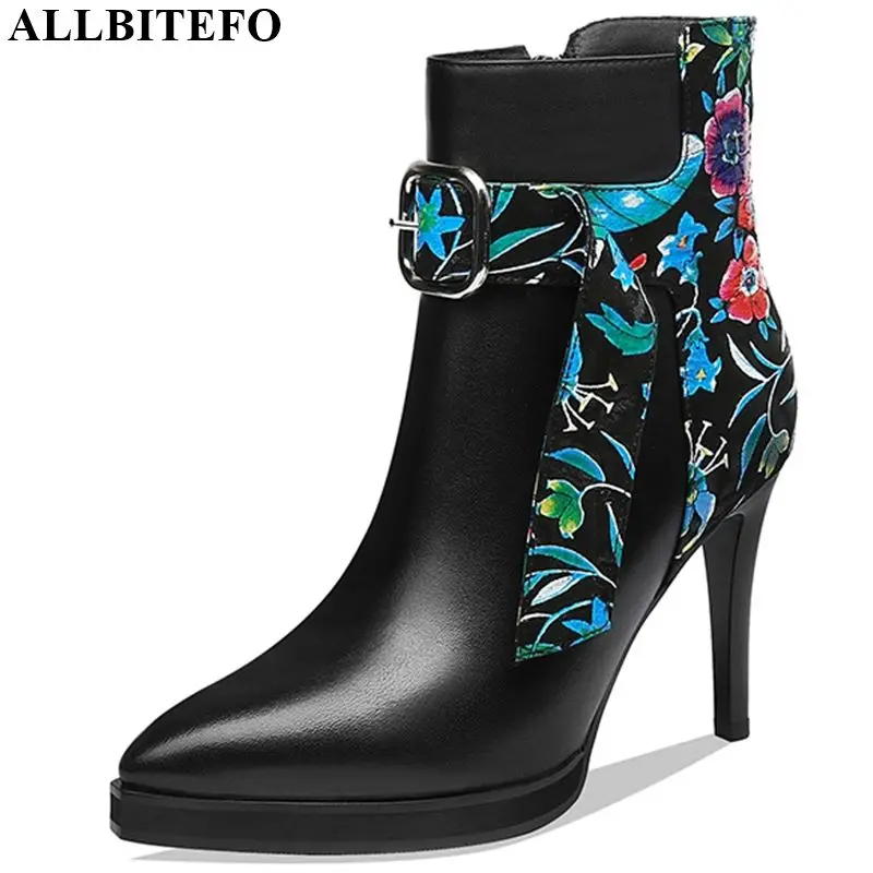 

ALLBITEFO Two kinds of genuine leather comfortable women boots Belt buckle high heel ankle boots Lady style fashion girls boots