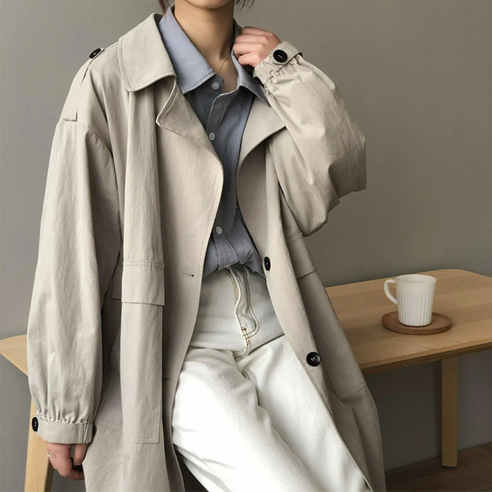 Fall Chic Khaki Trench Coat Women Javanese Korean Fashion Thin Pure Gray Minimalist Coats Casual Oversize Female Outwear