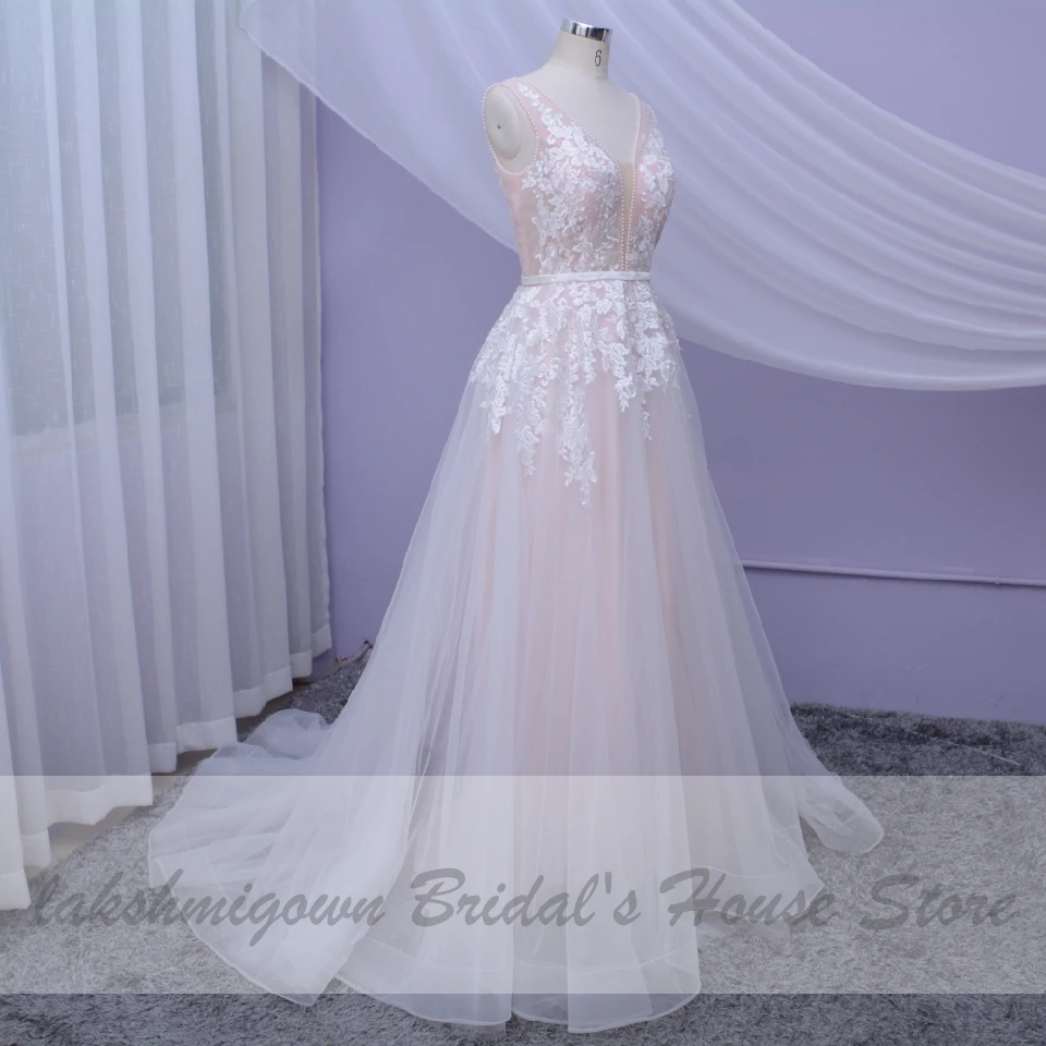 Lakshmigown Настоящее фото пляжное свадебное платье Vestaglia Sposa Свадебные платья с кружевной аппликацией с двойным v-образным вырезом Свадебные платья из фатина