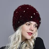 New Pearl Fur Hat for Women Winter Warm Beanies Hand Sewn Beads Natural Mink Fur Knitted Beanie Hats Female Stylish Headwear ► Photo 2/6