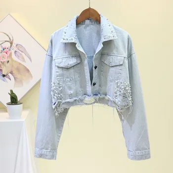 

2020 Autumn Women Denim Jacket Bead Streetwear Short Coat Frayed Holes Jeans Jacket Casual Outerwear Light Blue Female Tops P671
