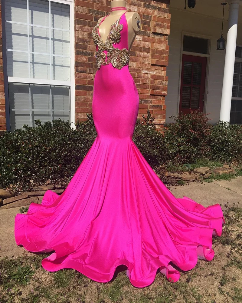 Африканская темнокожая Девушка длинное платье для выпускного вечера сексуальное с глубоким v-образным вырезом без спинки вышитое бисером ручной работы реальное изображение фуксия Русалка платье для выпускного вечера es