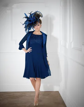 

Blue 2019 Mother Of The Bride Dresses A-line Knee Length Chiffon Lace With Jacket Plus Size Short Mother Dresses For Wedding