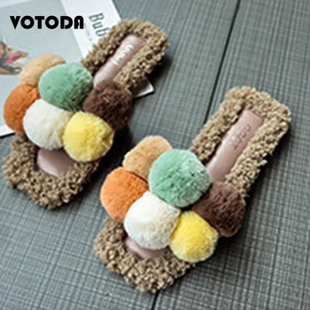 

Women Slippers Soft Hairball Casual Slides Female Home Furry Flat Sandals Outdoor Causal Plush Slipper Woman Cute Fluffy Shoes