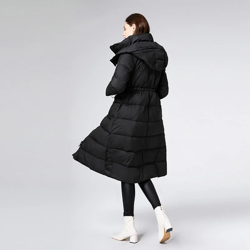 Down Jacket Women Mid-length Winter New Style Waist Hooded White Duck Down Thickened Ladies Jacket