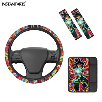 

INSTANTARTS Fashion Car Protector Steering Wheel Covers Anime Dragon Ball Print Durable Car Center Cover Pad Seat Belt Cover Set