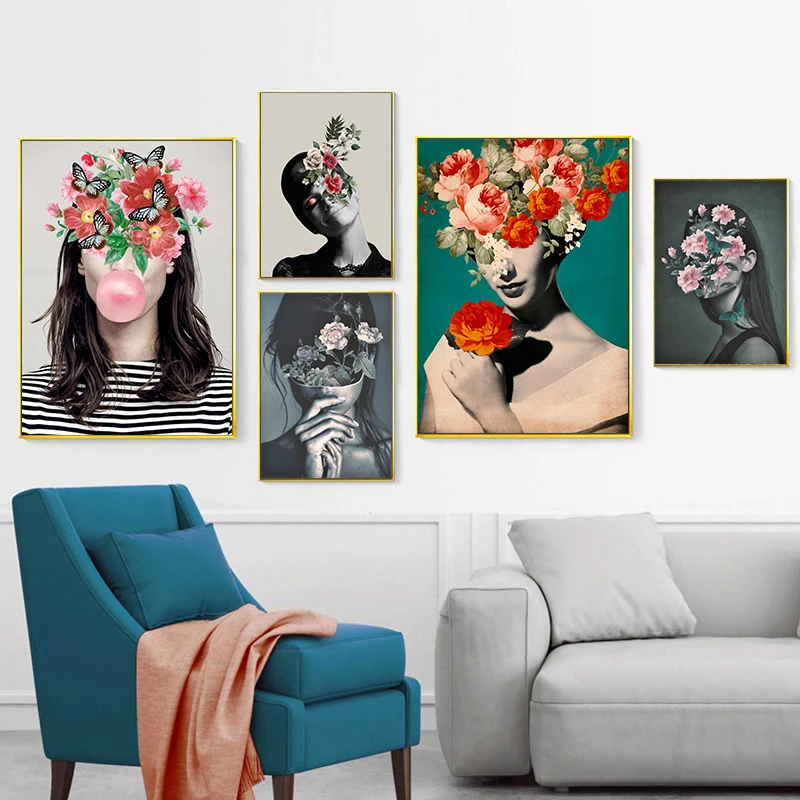 

Abstract Flowers Girls Wall Art Canvas Painting Indian Woman Leaves Nordic Poster Sexy Wall Pictures For Living Room Unframed