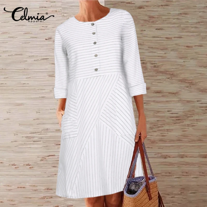 

Vintage Women Striped Shirt Dress Celmia 2019 Autumn Long Sleeve Office A-line Dress Casual Loose Button Female Vestidos S-5XL 7