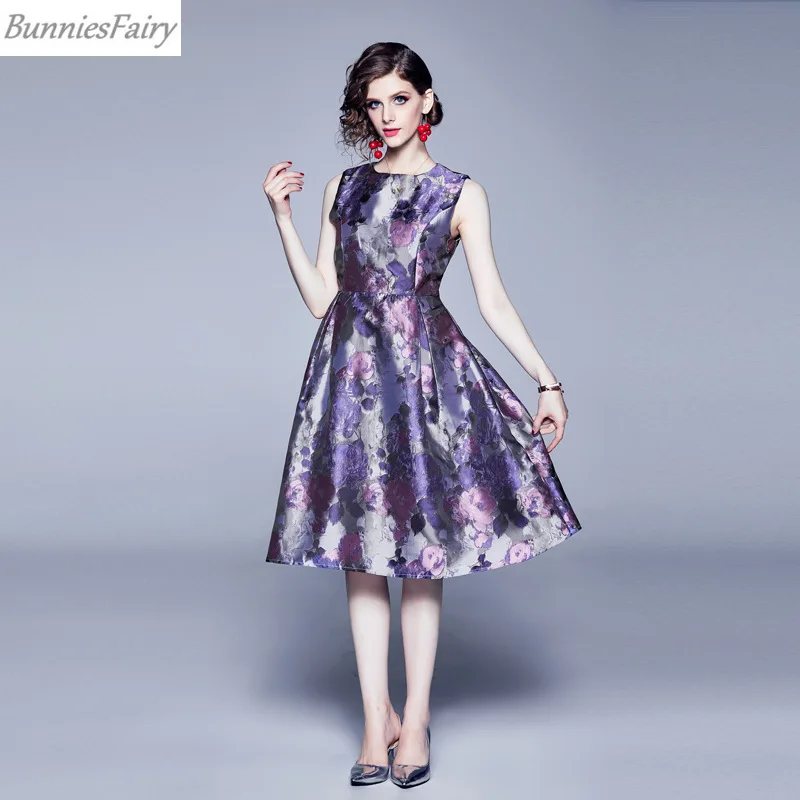 BunniesFairy осень зима Королевский Винтаж Хепберн фиолетовый жаккард цветочный принт халат Высокая талия женское платье жилет размера плюс