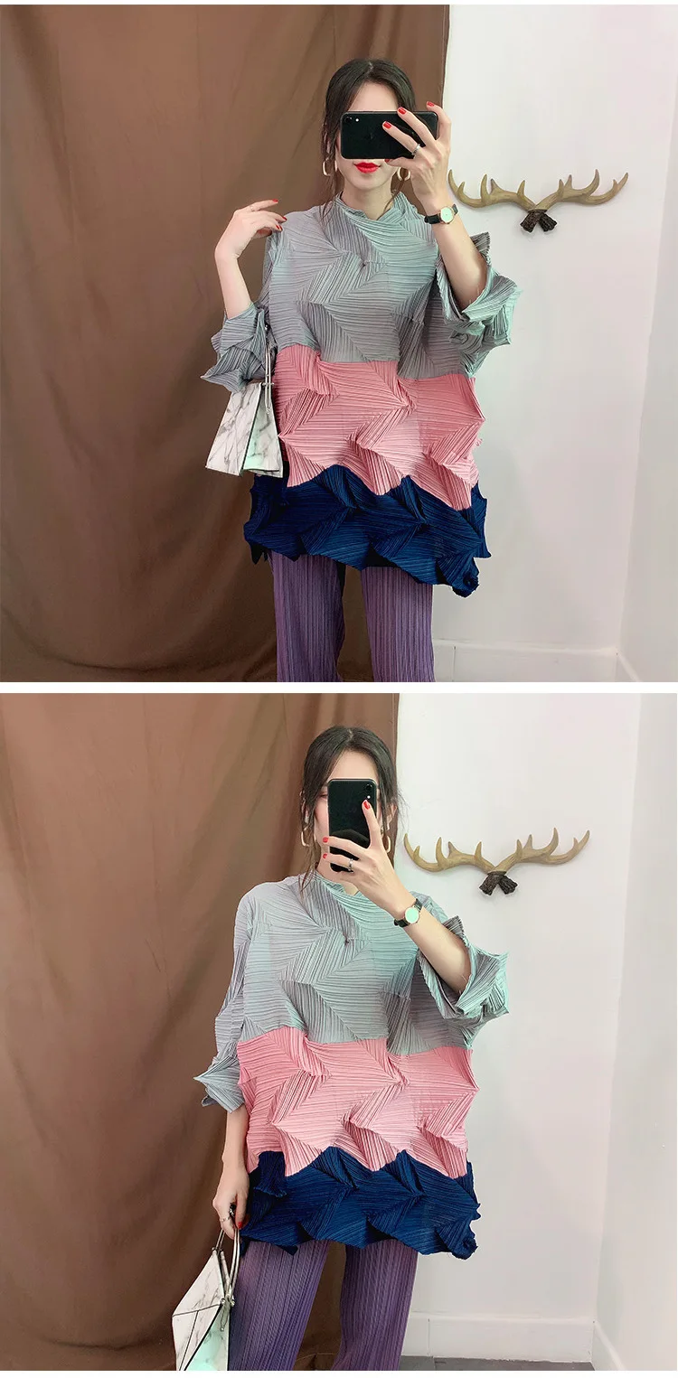 Женские топы больших размеров,, Осенние, новые, эластичные, Miyake, плиссированные, со стразами, в стиле пэчворк, воротник-стойка, Свободные повседневные футболки
