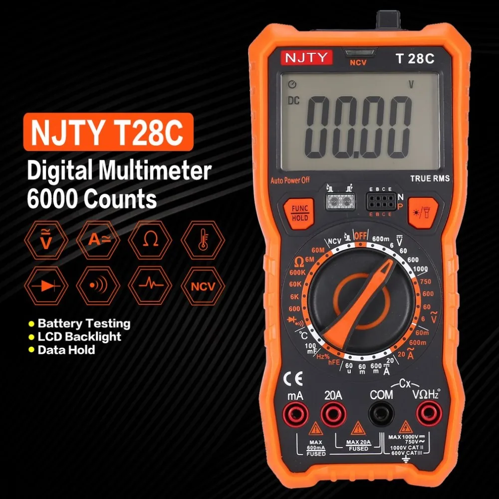 T28C Цифровой мультиметр DC/AC Измеритель Напряжения тока мини Амперметр Ом диод NCV тестер True RMS 6000 отсчетов мультитестер