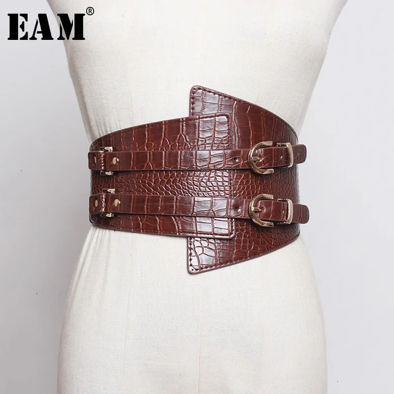 

[EAM] Pu Leather Black Multicolor Asymmetrical Wide Belt Personality Women New Fashion Tide All-match Autumn Winter 2019 1H230