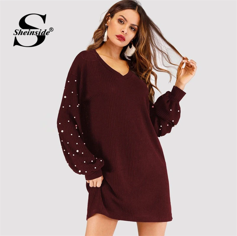 Sheinside, элегантное Бордовое платье-свитер с жемчужинами, женское платье, осеннее платье с рукавами-фонариками, женское прямое платье с v-образным вырезом