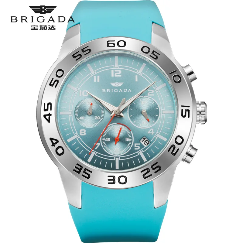 Light blue Мужские часы Brigada, кварцевые оранжевые часы, 5 бар, водонепроницаемые, Топ бренд, роскошные часы для мужчин, AAA, светящиеся, силиконовые, спортивные наручные часы - Цвет: Light blue