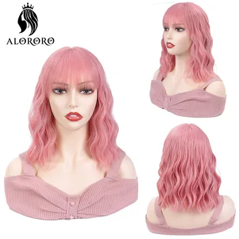 

Alororo Short Pink Wigs with Bangs Water Wave Hear Resistant Wavy Hair Synthetic Wigs for Women African American Lolita Cosplay