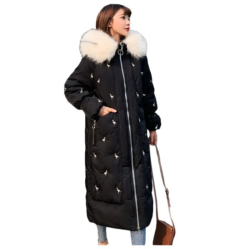 

Chic Fur Coat Hooded Winter Down Coat Warm Jacket Long Women Cotton padded Wadded Parkas Crane Embroidered female jacket