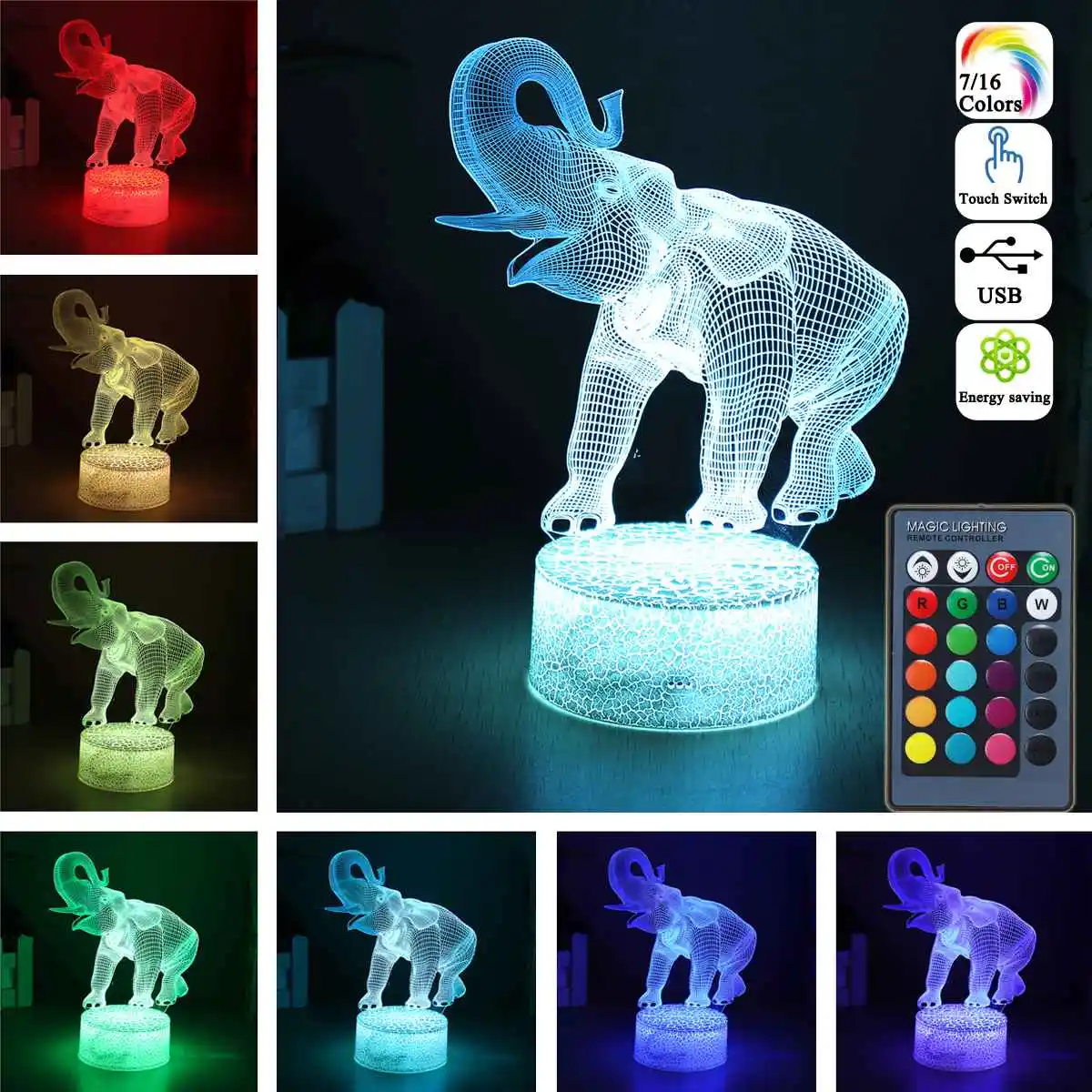 

Elephant Model Remote Control Touch Switch 3D Acrylic LED 7/16 Colors Colorful Lights Christmas Birthday Festival Lamp Gift