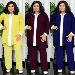 Autumn Fashion Two Piece Set Pure Color Hot Rhinestone Casual Women's Set Full Sleeve Shirt + Long Pant Matching African Sets