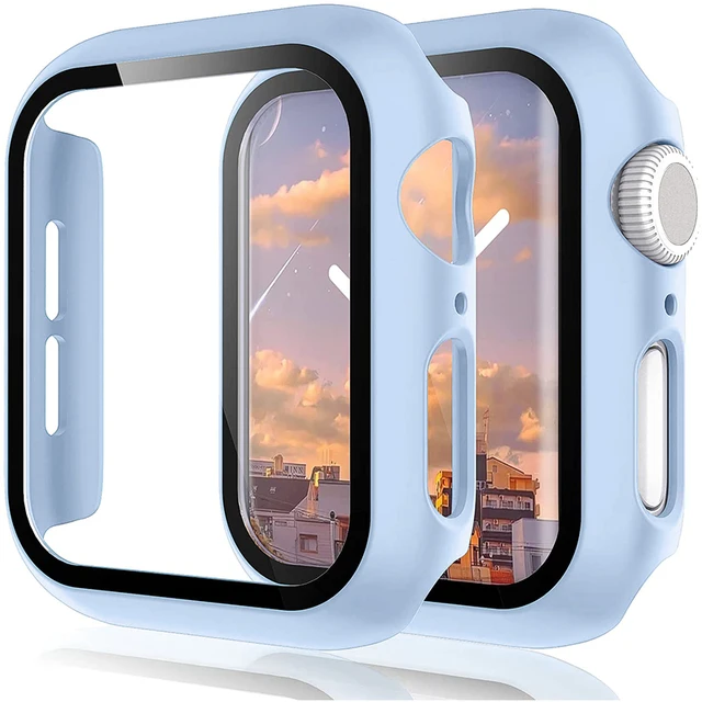 Watch Cover+Tempered Glass for Apple Watch Case 45mm 41mm 44mm 40mm 42mm 38mm,Bumper+Screen Protector for Iwatch 7 SE 6 5 4 3 2 Light Blue