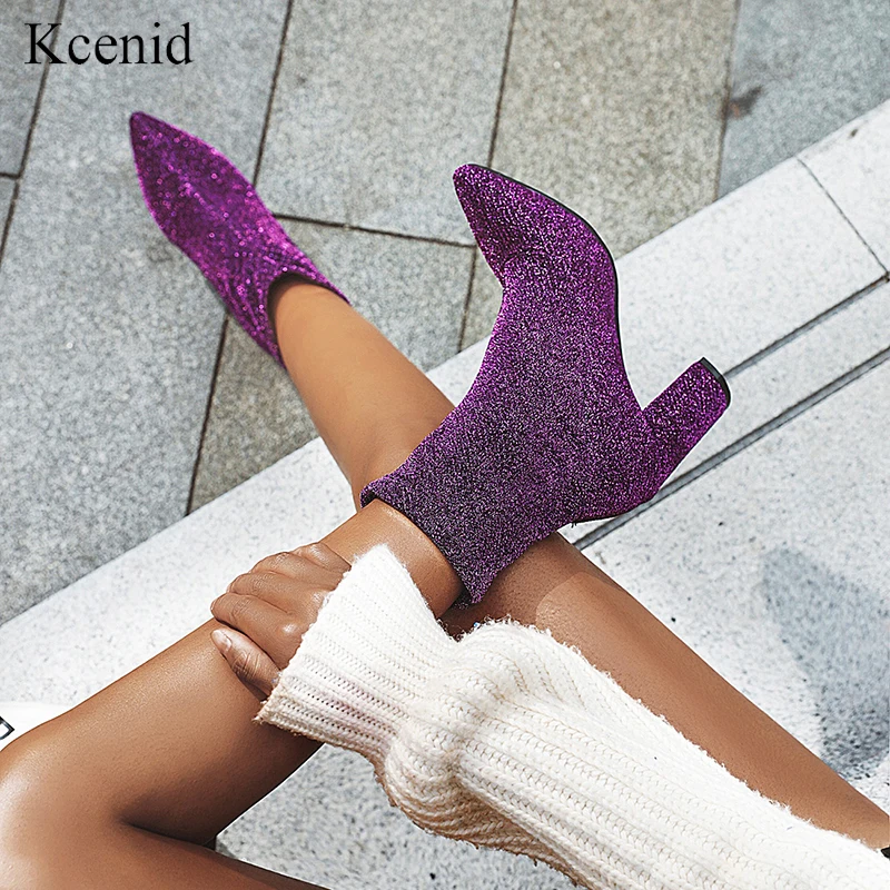 

Kcenid New bling fashion boots women pointed toe ankle sock boots high heels shoes autumn winter female stretch boots purple