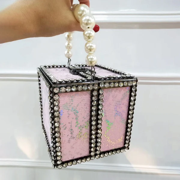 pink pearl handle Сумочка с бриллиантами Сумочка женская шикарная из прозрачных бусин ручка с лазерным принтом маленькие квадратные сумки через плечо женский клатч Кошелек вечерние ужин новинка - Цвет: pink pearl handle