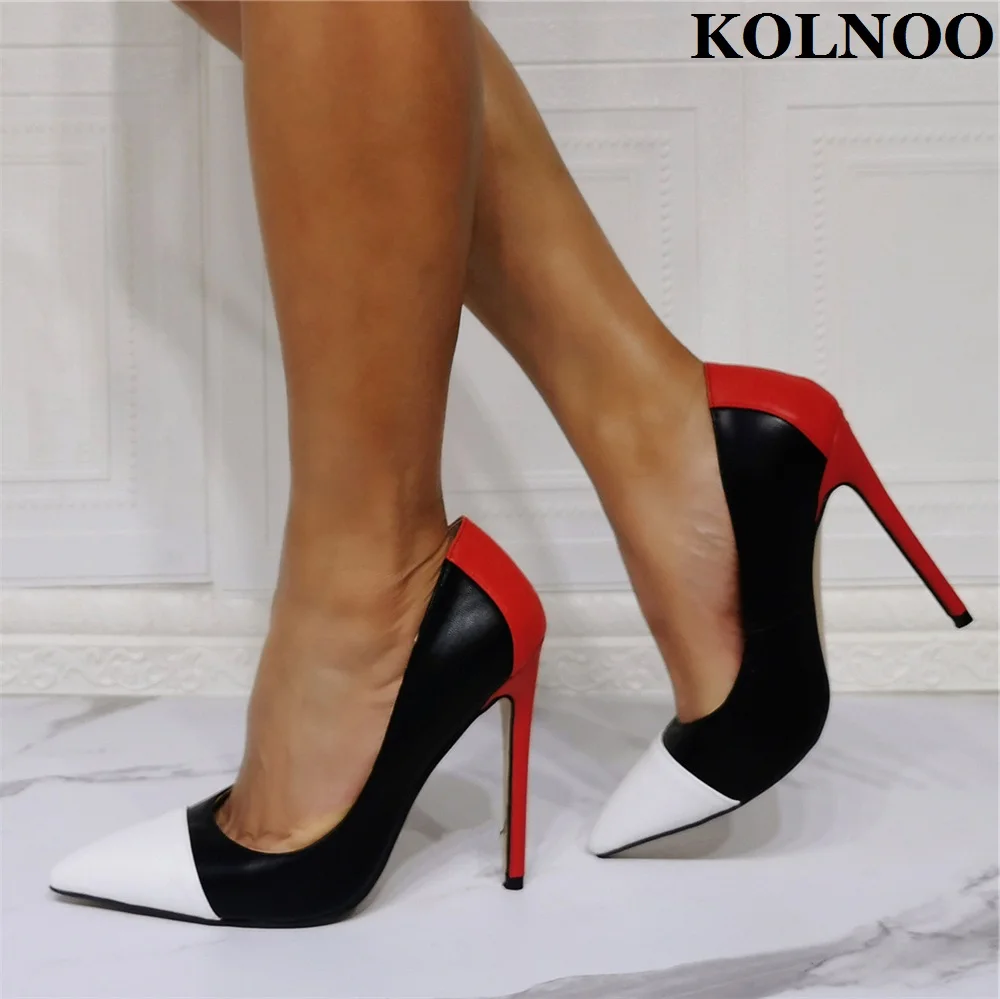 Kolnoo New Simple Style Ladies High Heels Pumps Patchwork Leather Slip-On Party Prom Dress Shoes Real Photos Fashion Court Shoes