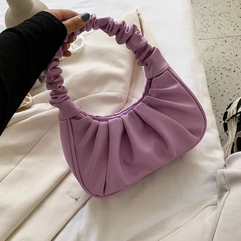 

Folds Baguette Bag Hobo Shoulder Bag Purses Handbags for Women 2020 Trend Solid Color Soft PU Leather Lady Small Totes Hand Bag