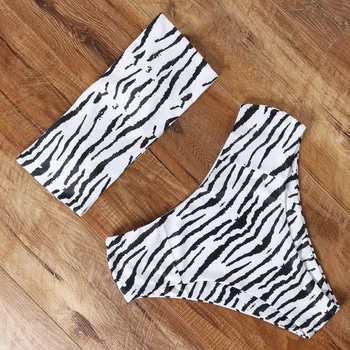

2020 Sexy Bikini Swimwear Women Off Shoulder Bandeau Swimsuit High Waist Tiger Striped Push Up Bikinis 2019 Mujer Biquini