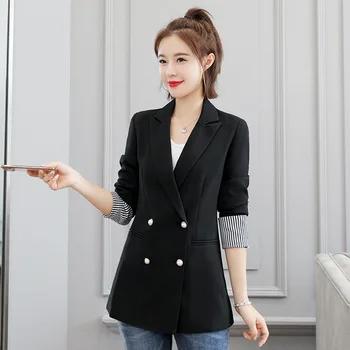 

Women's single coat 2019 autumn new casual fashion temperament Slim solid color double-breasted small suit women's shirt