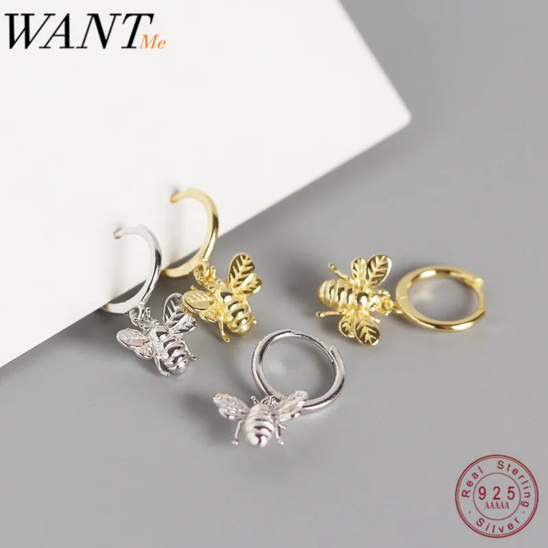WANTME Real 100% 925 Sterling Silver Jewelry Punk Insect Bee Stud Earrings for Fashion Women Femme Animal Bohemia Accessories