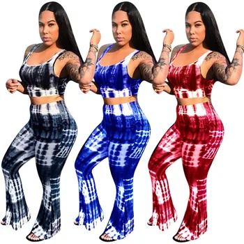 

3 Color Summer Fashion 2 Piece Outfits for Women Streetwear Style Short Print Tank Tops + Long Flared Pants Plus Size S-3XL