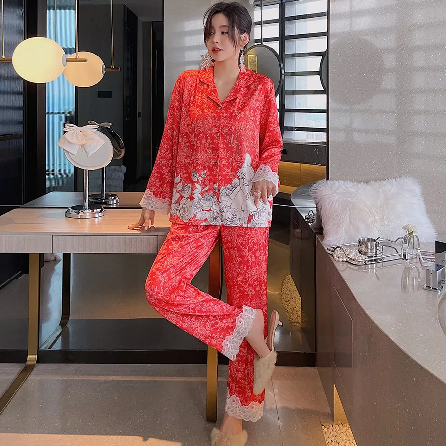 

Кружевной милый пижамный комплект из 2 предметов, женская ночная одежда с мультяшным рисунком для девушек, весна-осень, Повседневная Пижама с принтом, красная Домашняя одежда, пижама из искусственного шелка
