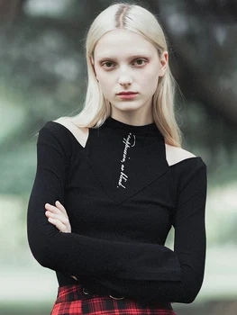 

Punk Rave Women's Goth High Neck Off Shoulder Long Sleeved T-shirts PT-392